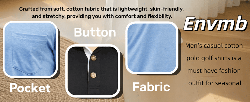 Envmb Men's Casual Long Sleeve Polo Shirts Button Classic Cotton Shirt Work Collared Stylish Golf Shirt with Pocket
