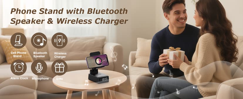 Birthday Gifts for Men Women,6-in-1 Cell Phone Stand Holder with Wireless Bluetooth Speaker & Wireless Charger,Alarm Clock for iPhone,HD Surround Sound Portable Bluetooth Speaker Gifts for Him Her