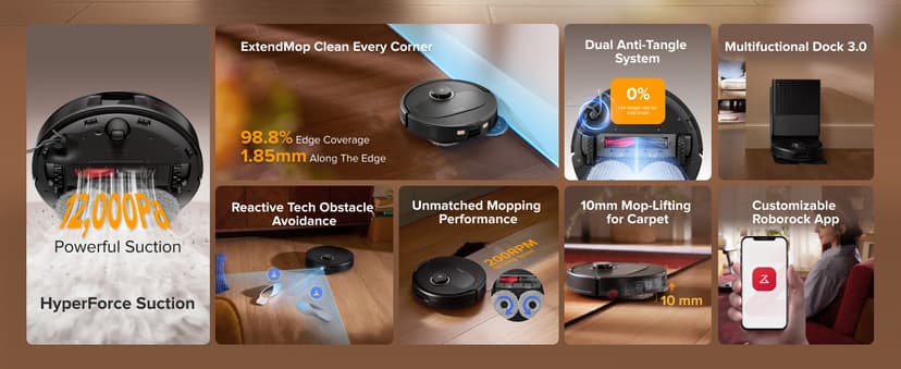 roborock Qrevo S5V Robot Vacuum and Mop, FlexiArm Edge Mopping, 12,000Pa Suction, Dual Zero-Tangle System, Smart Obstacle Avoidance, 10mm Mop Lifting, Auto Mop Washing&Drying, Self-Emptying&Refilling