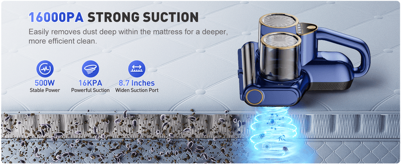 Mattress Vacuum Cleaner, Bed Vacuum Cleaner with 16Kpa Suction 253.7nm UV-C Light, Ultrasonic & High Heating, 500W Powerful Double-Cup Handheld Vacuums for Bed, Sofa, Couch, Crib, 16.4FT Corded