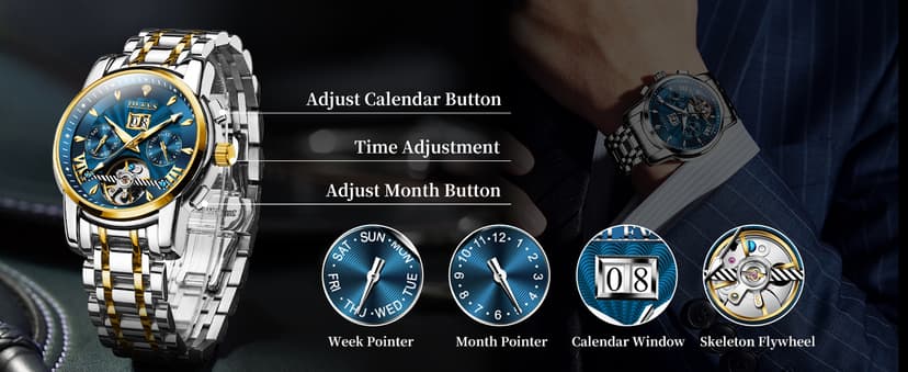 OLEVS Men Automatic Watch Stainless Steel Skeleton Mechanical Date Calendar Luxury Classic Business Waterproof Luminous Wrist Watches