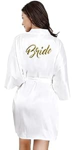 EPLAZA Women's One Size Silver Rhinestones Bride Bridesmaid Short Satin Robes for Wedding Party Getting Ready