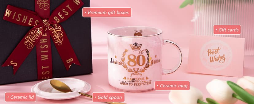 Biching 80th Birthday Gifts for Women, 14oz Pink Coffee Mug with Gold Pattern, Best Gifts for 80 Year Old Grandma, Mom, Sister, Friend, Fabulous 80 Limited Edition, 1943 Birthday Gifts for Women.
