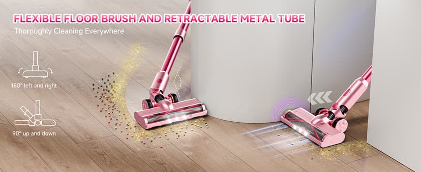 Cordless Vacuum Cleaner, 38Kpa Powerful Stick Vacuum Cleaner with 45mins Rechargeable Battery, LED Anti-Tangle Brush, 8-in-1 Handheld Vacuum Cleaners for Home/Pet Hair/Carpets/Floors, Pink