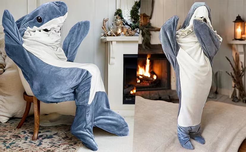 Shark Blanket Hoodie Onesie for Adult & Kid, Wearable Shark Sleeping Bag, Soft Cozy Onesie Costume