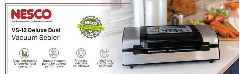 Nesco Deluxe Food VS-12 Vacuum Sealer, 130 Watts, Kit Bags & Viewing Lid, Compact, Silver