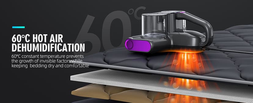 Mattress Vacuum Bed Vacuum Cleaner 16Kpa Suction 253.7nm UV-C Light, 140°F Heated Air, 30000 RPM Brushroll, Ultrasonic, HEPA Filter, Handheld Vacuums for Carpet/Sofa, 500W Corded, (Dark Gray)