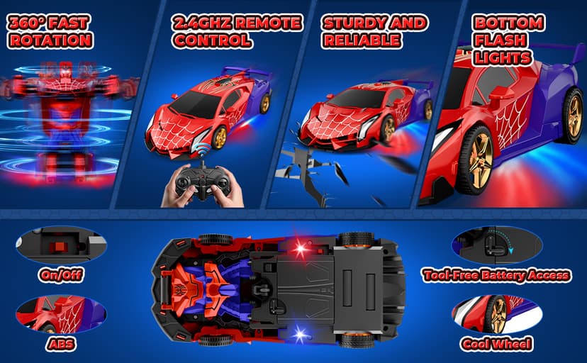 Spider Transform RC Cars Toys with Eye & Underbody Lights, 2.4GHz Remote Control Car One-Button Deformation, Fast 360°Rotation Robot Toys Birthday Gifts for 3 4 5 6 7 8 9 10 Year Old Boys Age 4-7 8-12