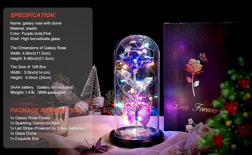 Birthday Gifts for Women Mom, Galaxy Glass Rose Forever Eternal Crystal Flower Light Up Rose in Glass Dome with Butterfly Mothers Day Christmas Rose Gifts for Her Wife Daughter Friends Colorful