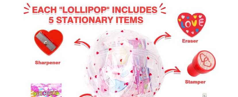 Valentines Day Gifts for Kids - 24 Pack Giant Lollipop-Shaped Stationery Set with Valentine's Cards Pencils Stickers Erasers Stampers Sharpener for Classroom Exchange School Boys Girls Party Favors