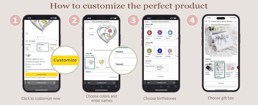 Easycosy Custom Name Necklace with Simulated Birthstones Customized Promise Necklace Heart Pendant with Engraved Names - Anniversary Birthday Jewelry Gifts for Women Wife Mom Grandma Mothers Day