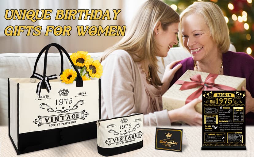 50th Birthday Gifts for Women Canvas Tote Bag Travel Gear, Unique 50 Years Old Gifts for Wife Sister Mom Aunt Friends Her, Vintage 1975 Handbag & Cosmetic Bag & Back in 1975 Poster