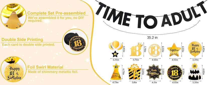 Black&Gold 18th Birthday Decorations for Boys Girls Happy 18th Birthday Decorations for Men Women Pre-Strung Time to Adult Banner and Hanging Swirls 18 Years Old Party Supplies