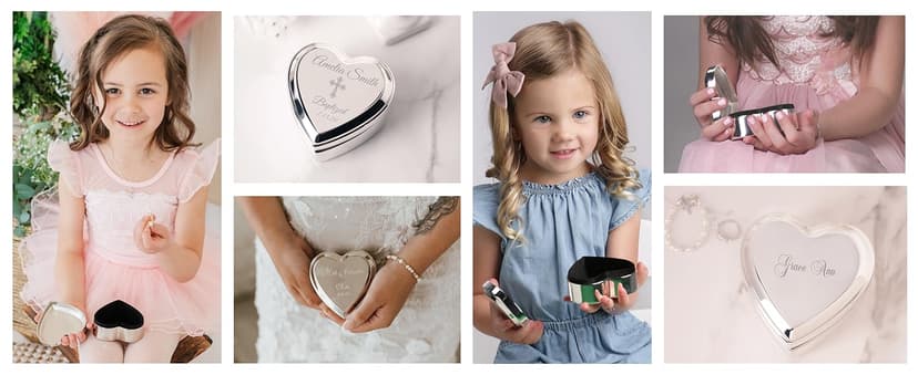 Cherished Moments Personalized Heart Jewelry Keepsake Box with Custom Engraved Cross and Name for Baby Baptism Gift for Girls, Silver Toned
