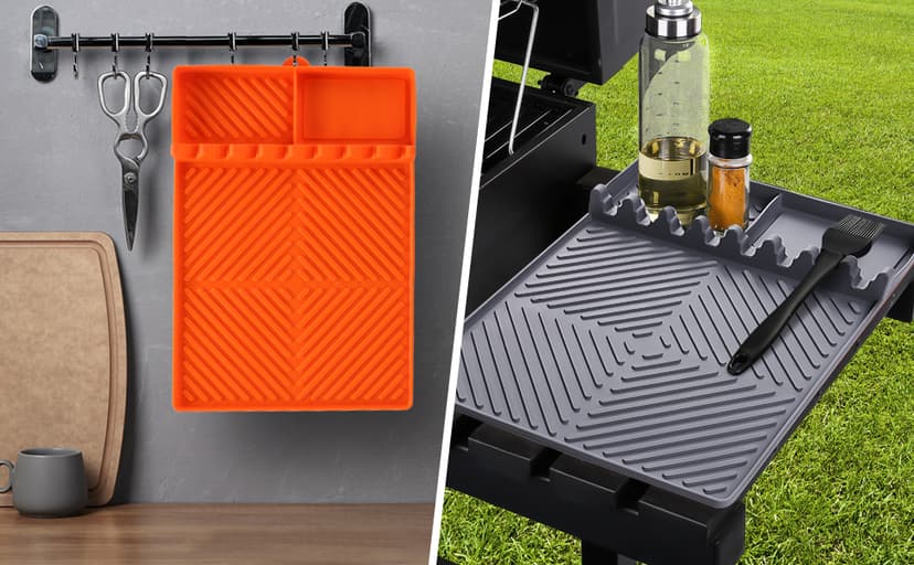 Silicone Griddle Tools Mat for Blackstone Weber Traeger Pit Boss - Side Shelf Spatula Mat with Drip Pad - Flat Top Grill Smoker Accessories for BBQ, Kitchen, Cooking, Countertop(Orange)