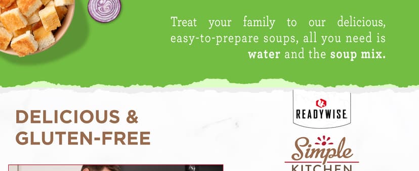 READYWISE - Simple Kitchen, Soup Sampler, Variety Pack, 8 Servings Per Pouch, Soup Mix, Family Size, MRE, Gluten Free, Freeze Dried Food, Ready To Eat Meals, Hiking & Backpacking Food, Soup for Family, Pack of 5