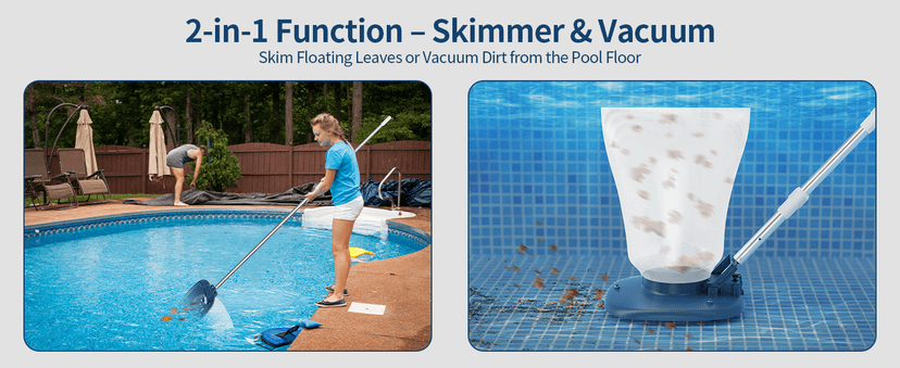 Rechargeable Pool Leaf Vacuum with Telescopic Pole, 83GPM Powerful Suction– Cordless Pool Skimmer for Inground & Above Ground Pools with 6.6Gal Leaf Catcher Bag for Heavy Debris Areas