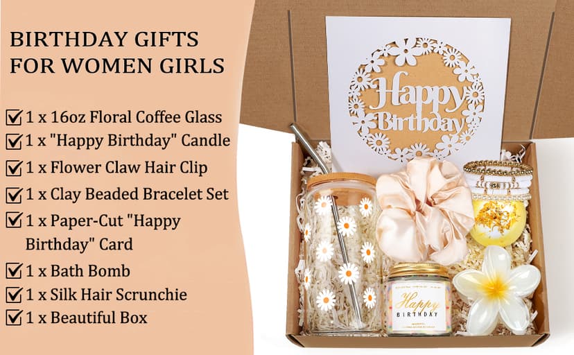 Birthday Gifts for Women, Teen Girl Gifts, Birthday Gifts for Her, Happy Bday Gift Box for Girl, Women, Sister, Daughter, Best Friend, Friendship, Cute Daisy Glass Cup Gifts Set 7PCS, 16oz, Beige