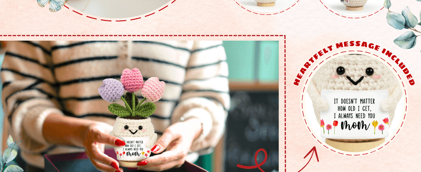 Gifts for Mom from Daughter Son - Cute Christmas, Mothers Day, Birthday Gifts for Moms - 5.51'' x 4.13'' Knitted Positive Tulip Flowers Mom Crochet Doll