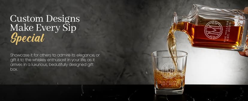 Personalized Whiskey Decanter Set with Wood Gift Box - Custom Bourbon and Scotch Gift Boxed Set