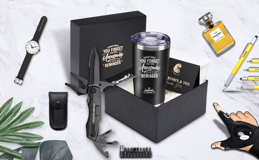 Gifts for Men - 6-in-1 Gift Set with Stainless Steel Tumbler,Multi-Tool Knife,LED Gloves & Tool Pen Keepsake Box | Last Minute Birthday, Father's Day Anniversary Box Gifts for Dad,Husband
