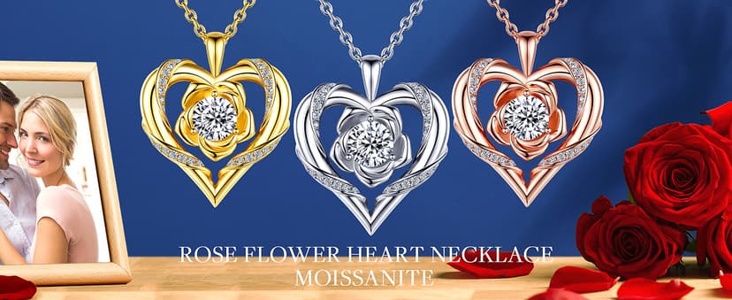 Rose Flower Heart Moissanite Necklaces for Wife, S925 Silver Pendant for Women, 18K Gold Plated Jewelry for Her Girlfriend Mom for Anniversary Birthday