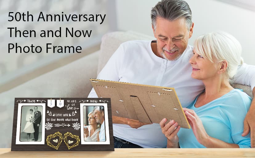 Then & Now Anniversary Picture Frame - 1-99 Years Anniversary Wedding Gift for Couple, Engagement Bridal Shower Gifts for Couples Wood Photo Frame Holds 2 4x6 Inches Photos