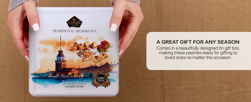 Cerez Pazari Baklava Pastry Gift Set - Turkish Baklava Pastry With Nuts & Spices - Baklava Gift Box From Turkey - Pastry, Halal Snacks - Assorted 45-48 Pieces Per Metal Dessert Box - 1.32 lbs