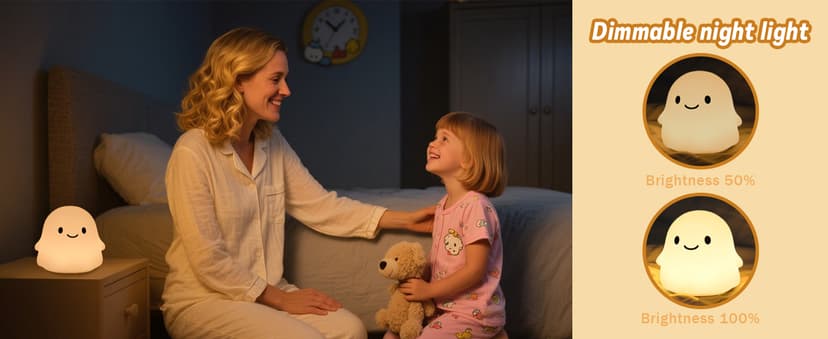 Ghost Night Light for Kids, Squishy Silicone Lamp - 50H Low/12H High, 2 Brightness, Tap-Control, USB Rechargeable, for Kids Halloween Decor & Nursery, Great Ghost Gifts