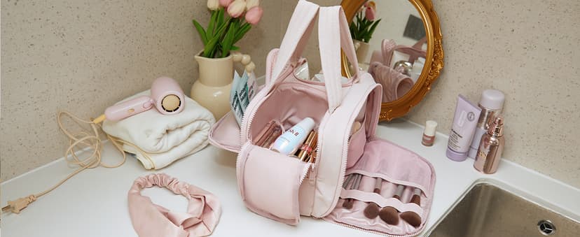 BAGSMART Travel Toiletry Bag, Lightweight Large Wide-open Travel Bag for Women, Puffy Cosmetic Makeup Bag Organizer with Handle for Accessories,Essentials, Toiletries, Dark Pink