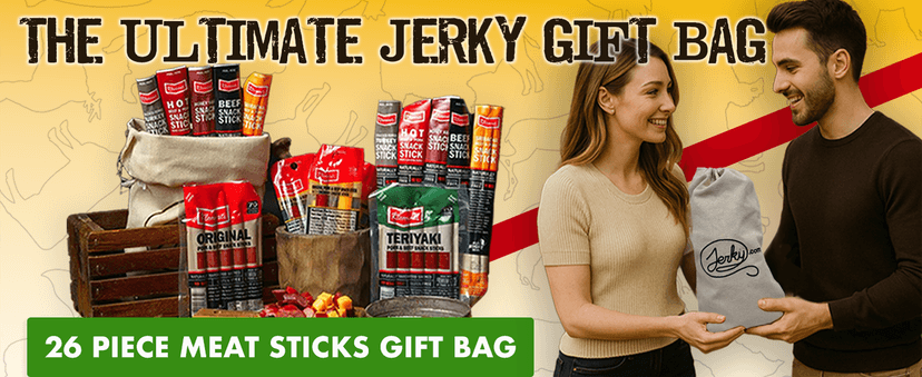 Jerky.com Gift Bag for Men | 26 Piece Meat Sticks Gift Basket with Beef Sticks, Pork, Turkey, Ham & Cheese Sticks | High Protein Snack Variety Pack | Gluten-Free Jerky Gifts for Men | Birthday Gift Basket for Him