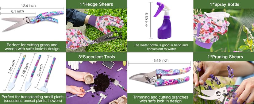 Garden Tools Set, JUMPHIGH 10 Pieces Gardening Tools with Floral Print, Ergonomic Handle Trowel Rake Weeder Pruner Shears Sprayer, Garden Hand Tools with Carrying Case Gardening Gifts for Women Father