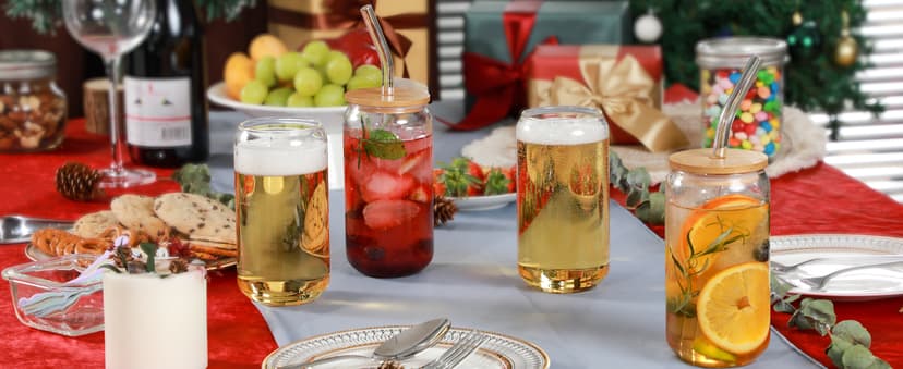 Drinking Glasses with Bamboo Lids and Glass Straw 4pcs Set - 16oz Glass Cups, Iced Coffee Glasses, Cute iced Tea Glasses, Beer Glasses, Ideal for Coffee Bar Accessories, Aesthetic Gift - 2 Brushes