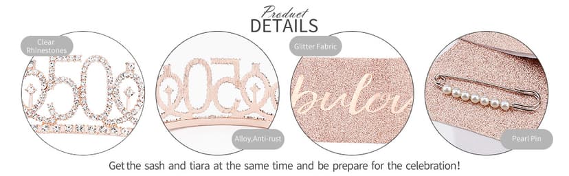 CIEHER 50th Birthday Crown + 50 & Fabulous Sash+Pearl Pin Set, Tiara, 50th Gifts, Decorationsfor Women Friends, Happy Party Favor Supplies