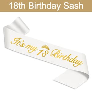18th Birthday Decorations for Girls with 18th Birthday Sash White and Tiara Gold, Number Candles Gold, 18 Year Old Girl Gifts