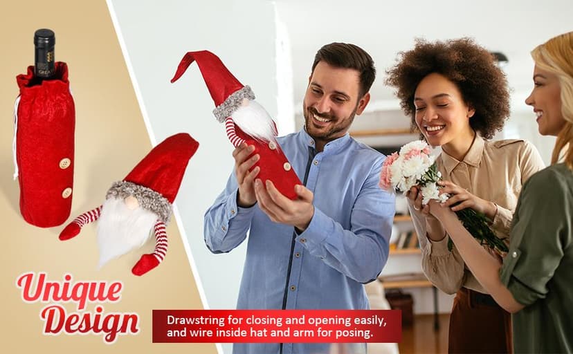 D-FantiX Christmas Gnomes Wine Bottle Cover, Handmade Swedish Tomte Gnomes Wine Toppers Santa Claus Bottle Bags with Drawstring Style Holiday Home Christmas Decorations Gift 3 Pack