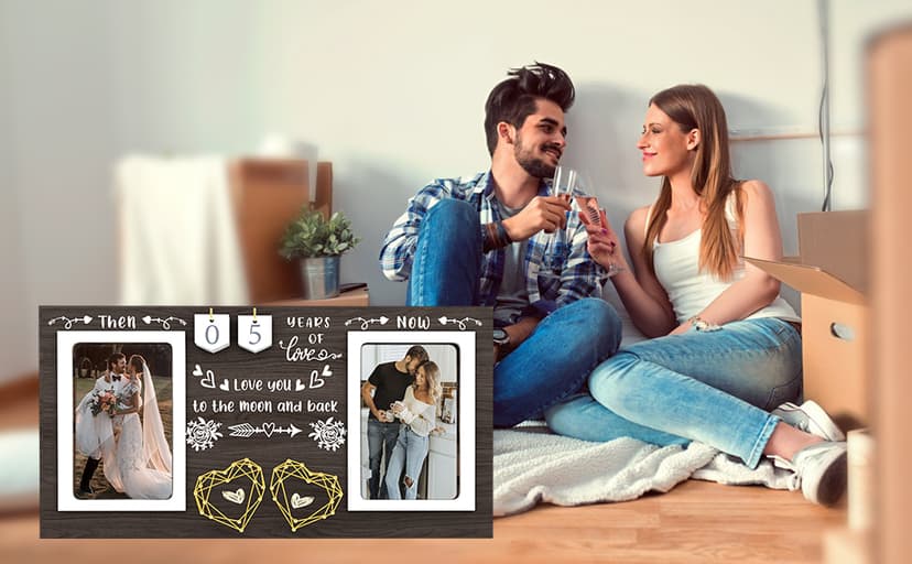 Then & Now Anniversary Picture Frame - 1-99 Years Anniversary Wedding Gift for Couple, Engagement Bridal Shower Gifts for Couples Wood Photo Frame Holds 2 4x6 Inches Photos