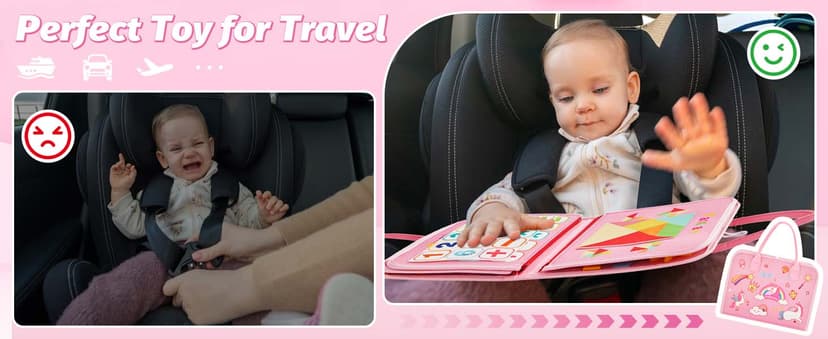 Montessori Busy Board for Toddlers 1-4 Years Old – Sensory Educational Toy for Fine Motor Skills, Travel-Friendly Activity Book, for Boys & Girls, Pink