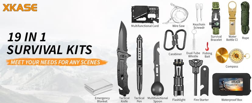 XKASE Survival Kit, Gifts for Men Dad Husband, Emergency Survival Gear and Equipment 19 in 1, Fishing Hunting Birthday for Men, Camping Accessories, Cool Gadget, Camping Essentials