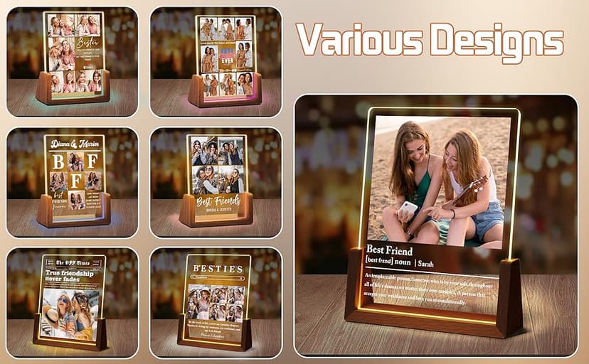 Personalized Best Friend Birthday Gifts for Women, Unique Friendship Gifts, Custom Acrylic Night Light Friend Picture Frame with Photo Name, Long Distance BFF Sister Bestie Christmas Gift