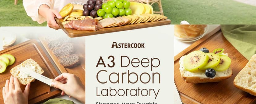 Astercook Deep-Carbonized Bamboo Cutting Boards for Kitchen with Wood Storage Stand, Reversible Charcuterie & Chopping Boards with Juice Grooves and Easy-Grip Handles, Knife-Friendly, Kitchen Gift