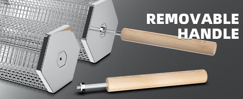 Rolling Grill Basket, Removable Wooden Handle, 304 Stainless Steel, Nesting Grilling Tools, Smoker BBQ Accessories for Vegetable, Outdoor Cooking Camping, Birthday Gifts for Men Dad Husband