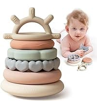 Moonkie Stacks of Circles Soft Teething Toy | Educational Learning Baby Toy | Stacking Ring Toys for Babies Boy and Girl | 7 Piece Teethers Set