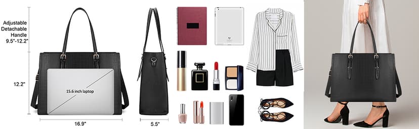 Laptop Bag for Women 15.6 Inch Laptop Tote Bag Leather Classy Computer Briefcase for Work Waterproof Handbag Professional Shoulder Bag Women Business Office Bag Large Capacity Black
