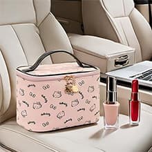 AmBealla Make up Bag Large Travel Cosmetic Bags Organizer with Brush Holder for Girl, Lightweight Cotton Toiletry Bag with Zipper for Women, Portable Makeup Case for Airplane/Home/Gym - Pink