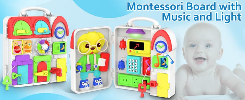 Toddler Toys for 1-2 Year Old Boy, Musical Montessori Busy Board, Early Educational Toy for Toddlers 1-3, Motor Skills Developmental Toy for 12-18 Month Age, Birthday Gift for 1+ Year Old Boy Girl