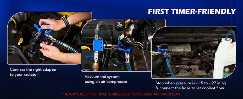 Orion Motor Tech Coolant Vacuum Refill Kit, Cooling System Vacuum Fill Tool with Leak Detector 5 Round Adapters 1 Conical Adapter, Radiator Coolant Fill Kit with Dual-Movement Gauge for Vacuum Leak