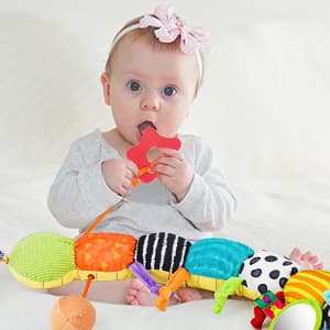 Baby Sensory Toy 0-6 Month Music Animal Stuffed Plush Caterpillar Toy for Infant 0-3-6-12 Month Old Tummy Time with Baby Mirror Crinkle Rattle Carseat Toys for Newborn Boys Girl Shower Gifts