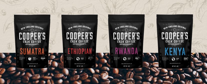 Gourmet Coffee Sampler Gift Box Set, Roasted Coffee Ground, Sumatra Dark, Kenya AA Medium-Dark, Rwanda Medium, Natural Ethiopian Light, Ground, 4 Bags, 16 oz Total