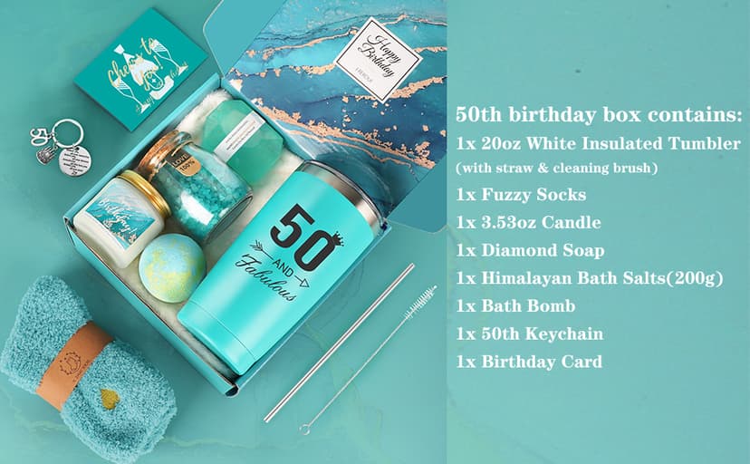 50th Birthday Gifts for Her, 50th Birthday Gifts for Women, 50 Fabulous Gift for 50 Year Old Woman, 50 Year Old Gift Baskets, Unique 50 Bday Present Ideas for Her Mom Sister Friend Wife
